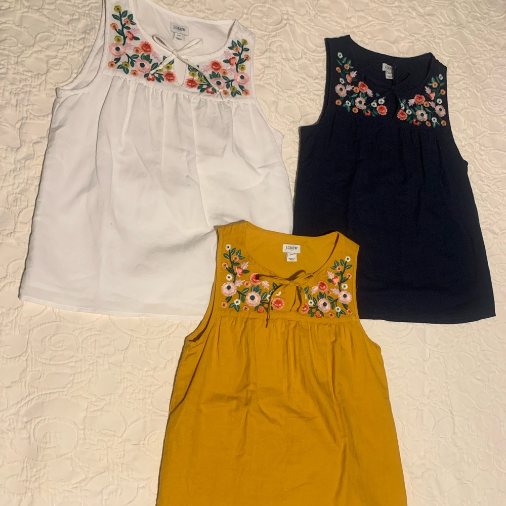 J.Crew 3 Embroidered tie-neck tops in linen-cotton